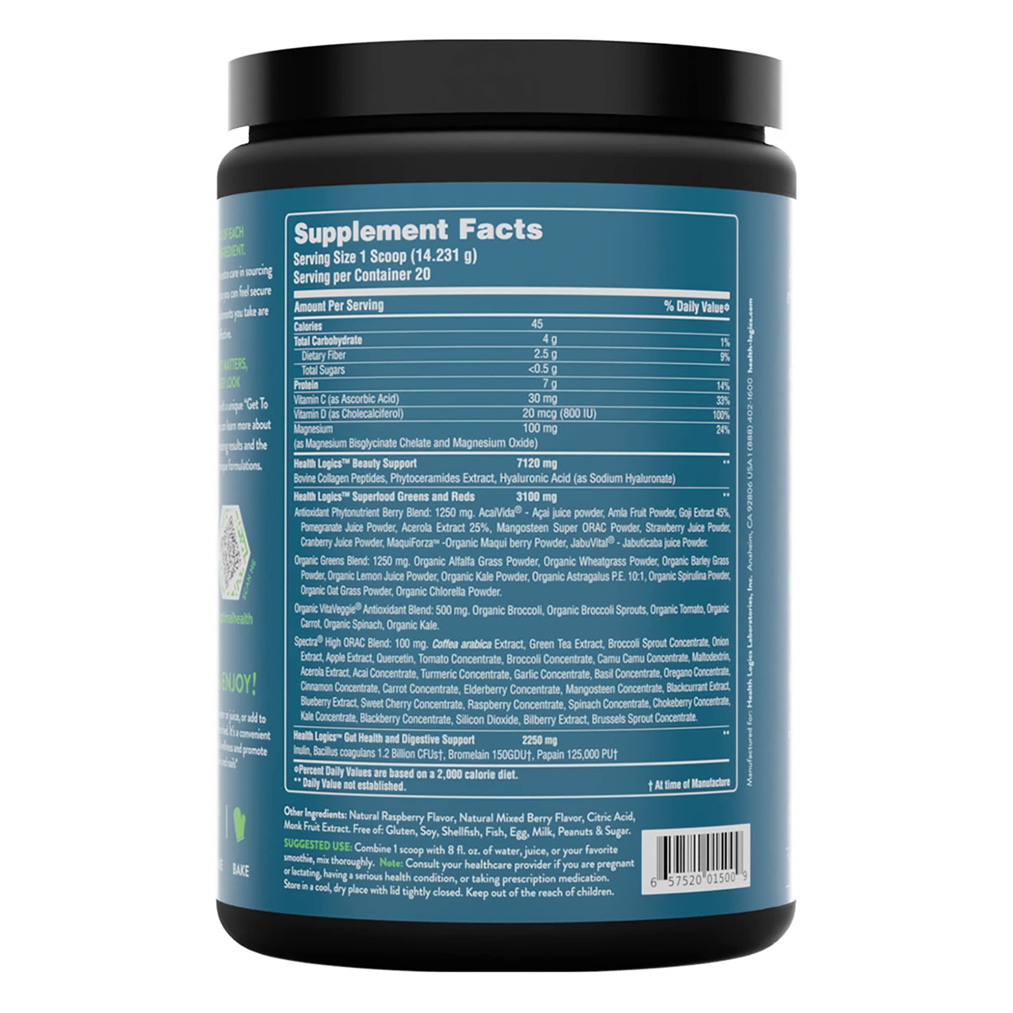 Health Logics Glowing Greens etiqueta mostrando ingredientes clave.