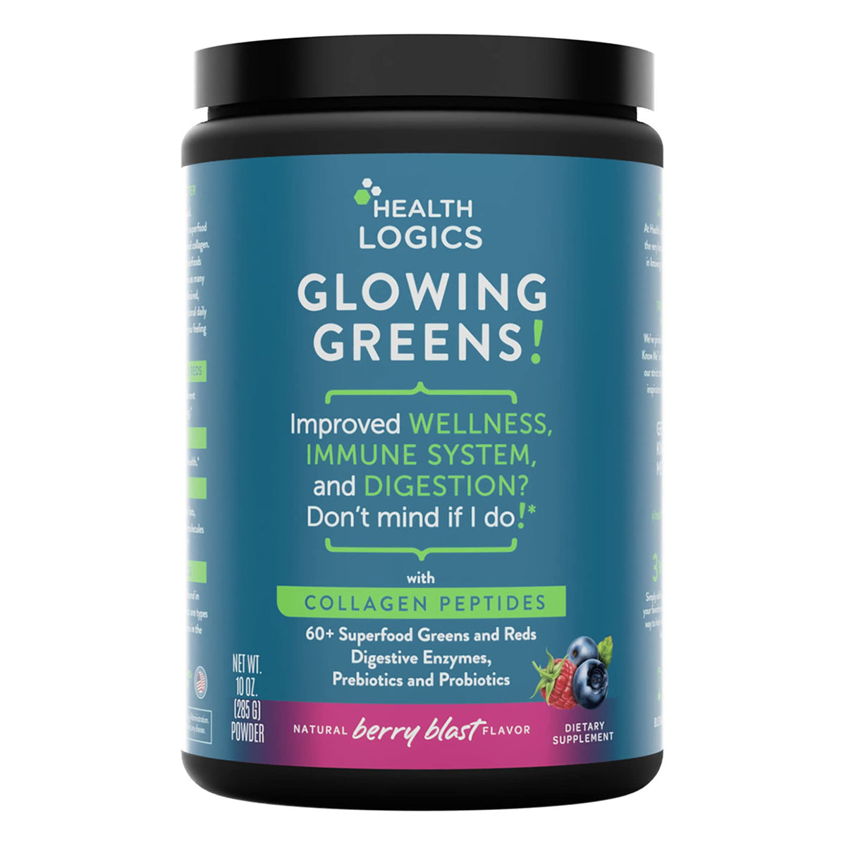 Health Logics Glowing Greens en frasco, polvo verde para energía sostenida.