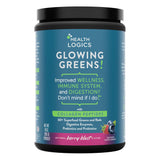 Health Logics Glowing Greens en frasco, polvo verde para energía sostenida.