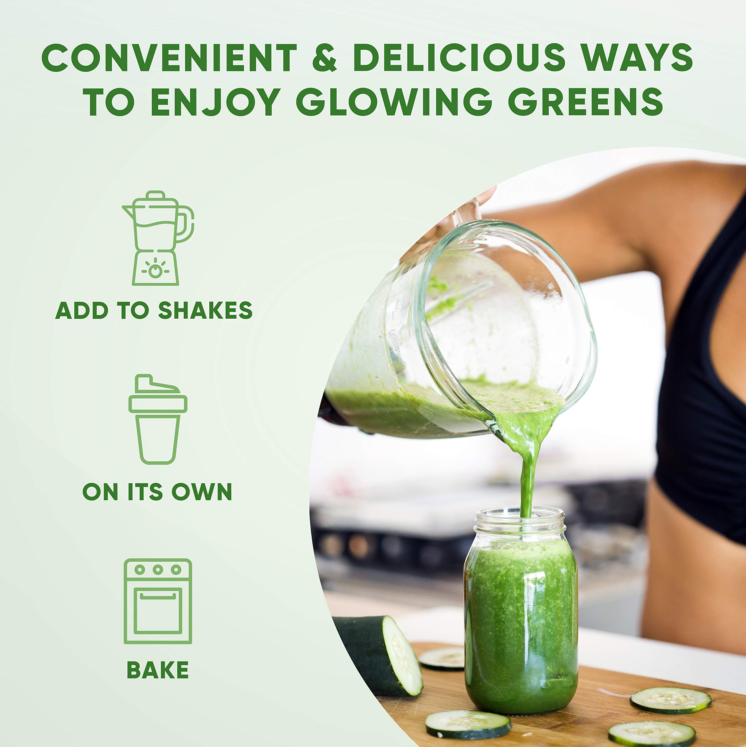 Health Logics Glowing Greens mezcla de antioxidantes y enzimas.