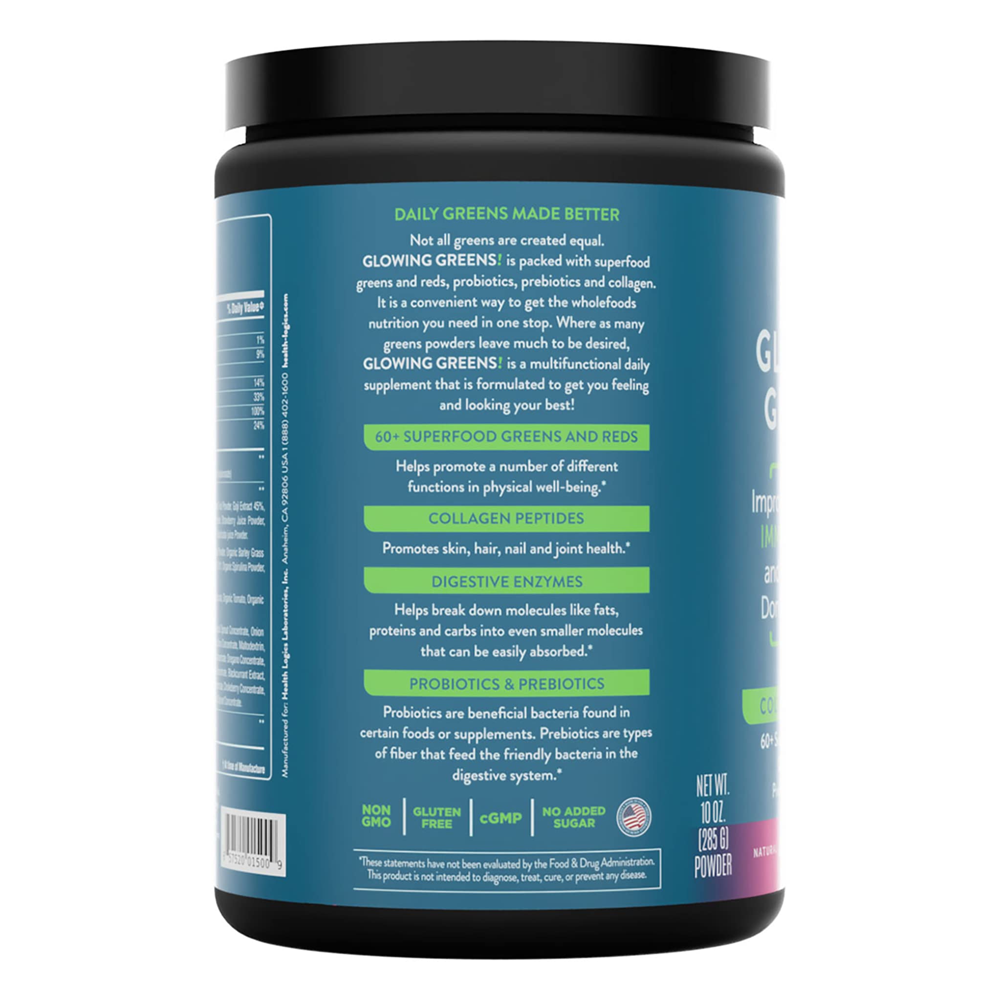 Health Logics Glowing Greens polvo medidor para porciones fáciles.