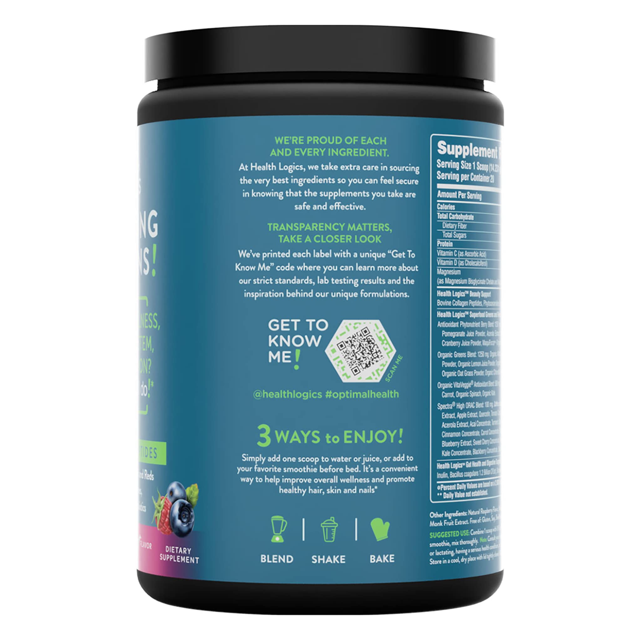 Health Logics Glowing Greens preparado en taza para bebida nutritiva.