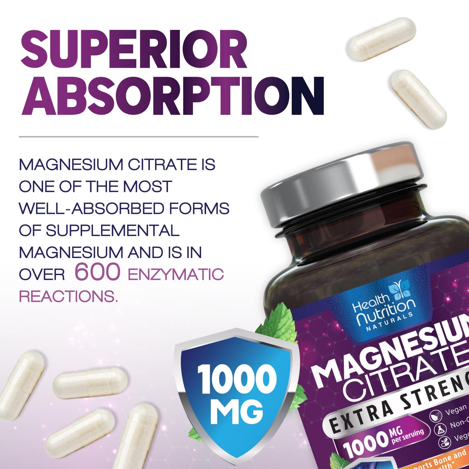 Health Nutrition Naturals cápsulas magnesio citrato disueltas en agua para consumo cómodo