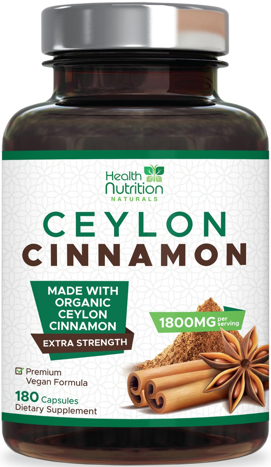 Health Nutrition Naturals Ceylon Cinnamon, cápsulas en botella frontal para el bienestar diario.