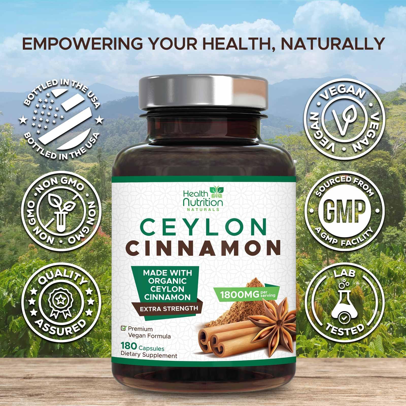 Health Nutrition Naturals Ceylon Cinnamon, cápsulas de color ambar fáciles de tragar.