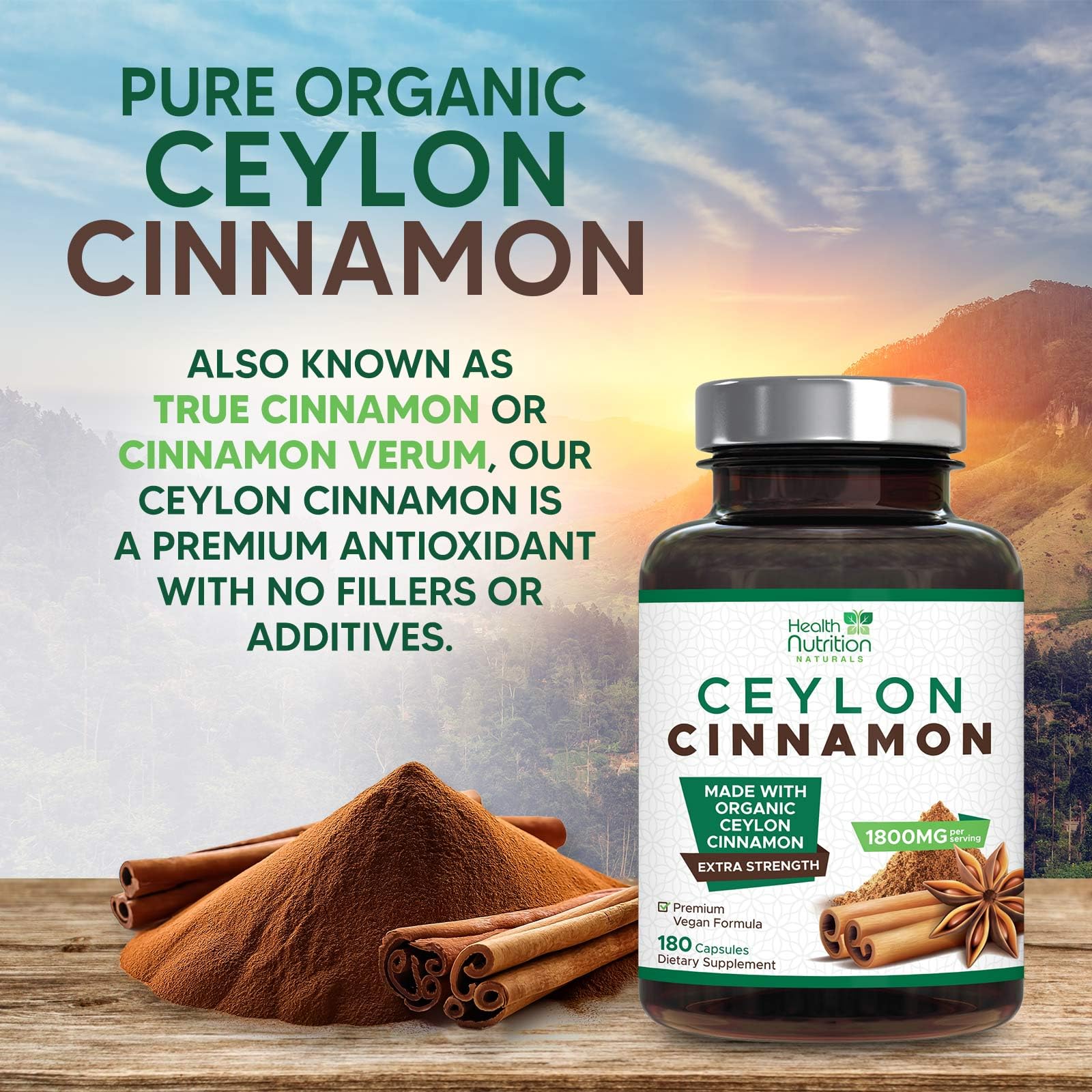 Health Nutrition Naturals Ceylon Cinnamon, cápsulas veganas para una rutina antioxidante.