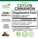 Health Nutrition Naturals Ceylon Cinnamon, etiqueta clara que resalta ingredientes orgánicos.
