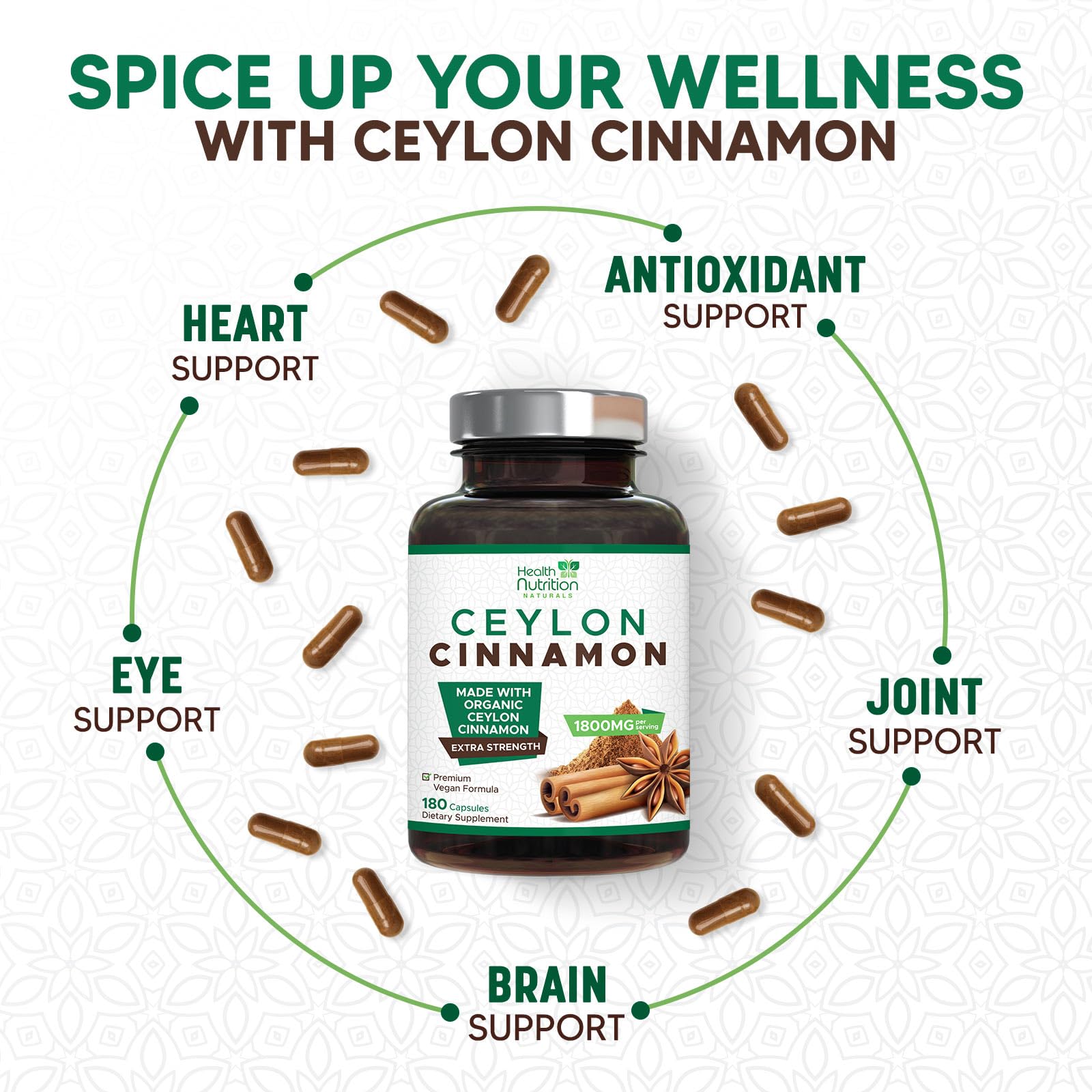 Health Nutrition Naturals Ceylon Cinnamon, envase de EE. UU. destacando pureza orgánica.