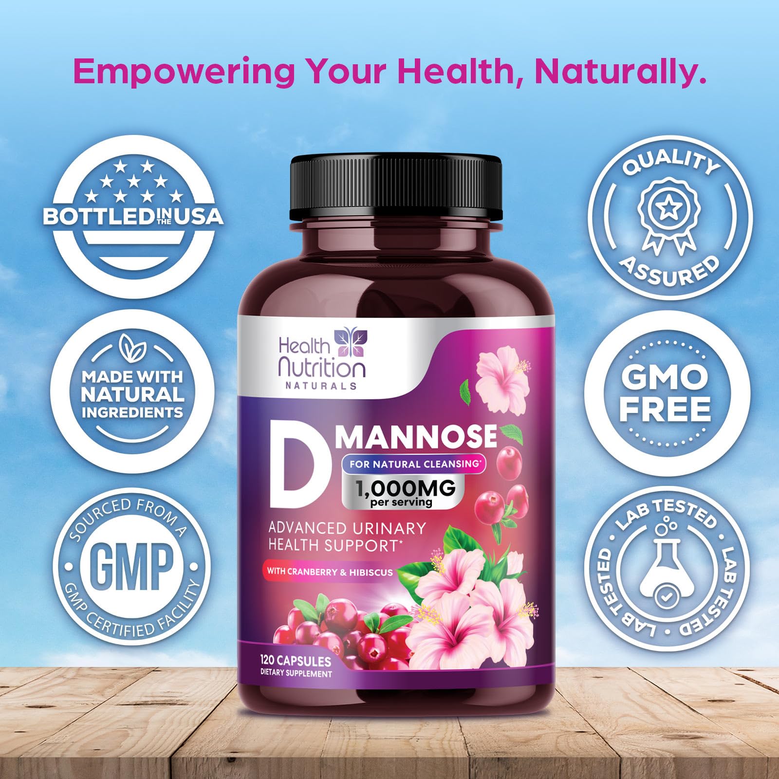 Health Nutrition Naturals D-Mannose botella: presentación conveniente para uso diario.