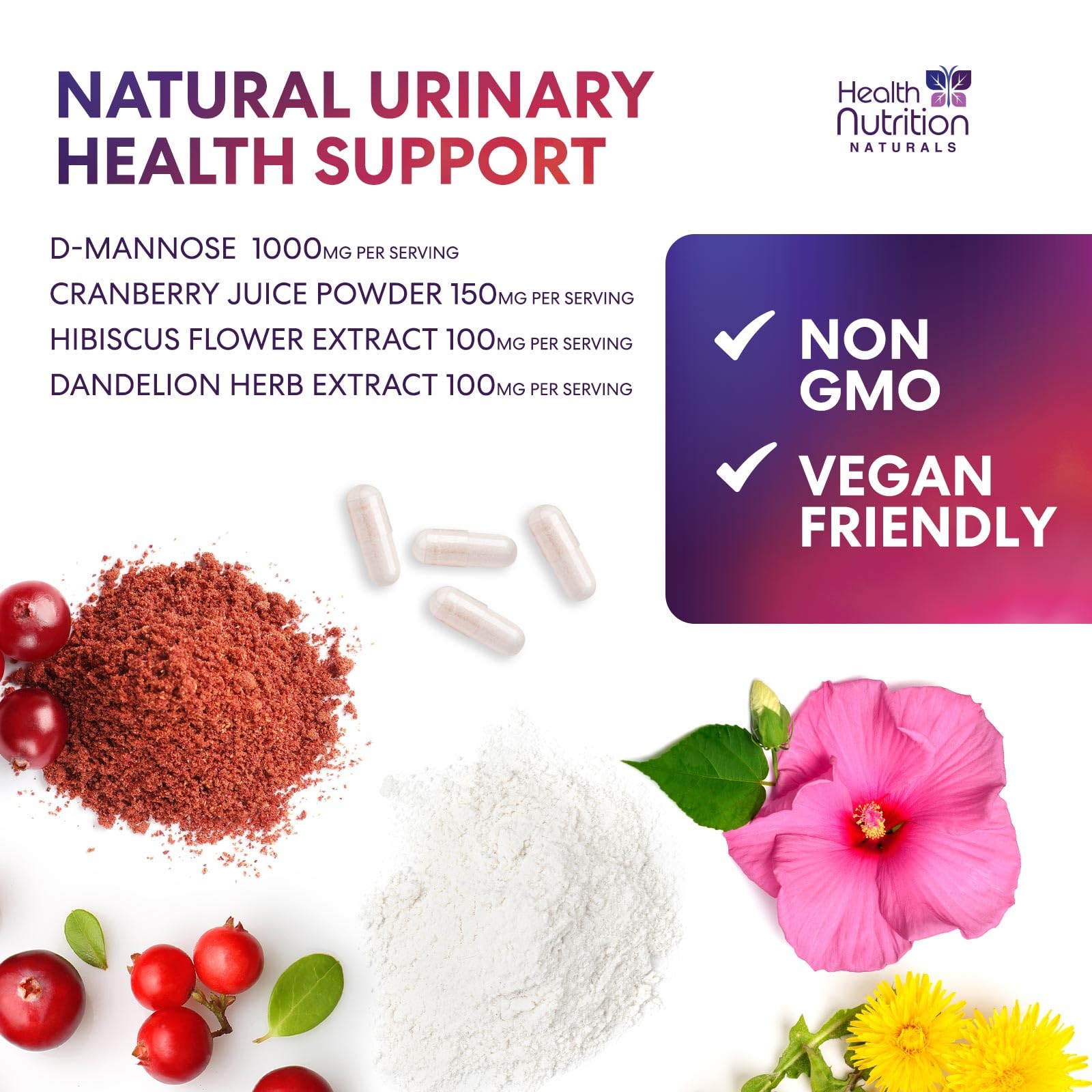 Health Nutrition Naturals D-Mannose detalle de cápsula: fácil de tragar para estómagos sensibles.