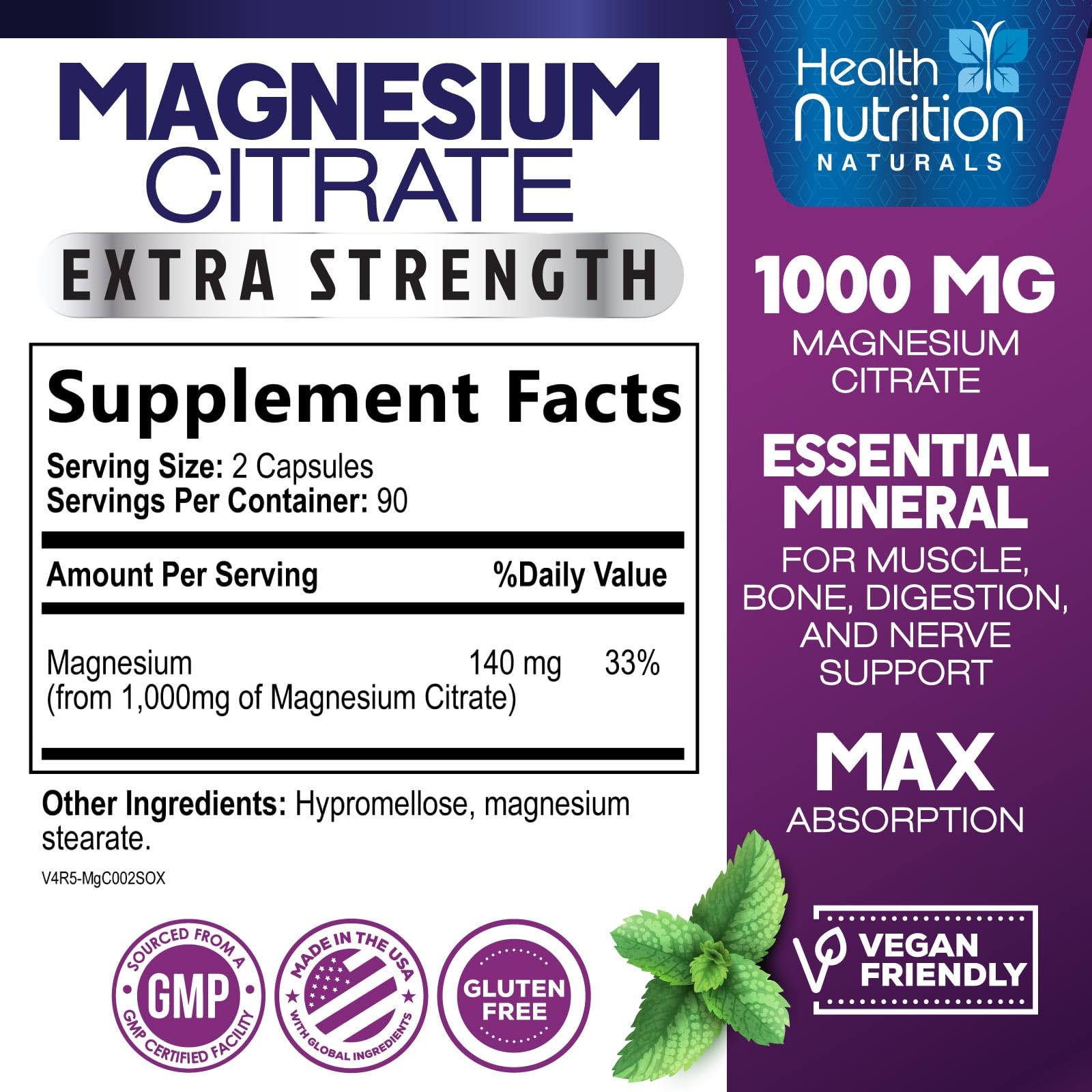Health Nutrition Naturals etiqueta con dosis de magnesio citrato y uso diario