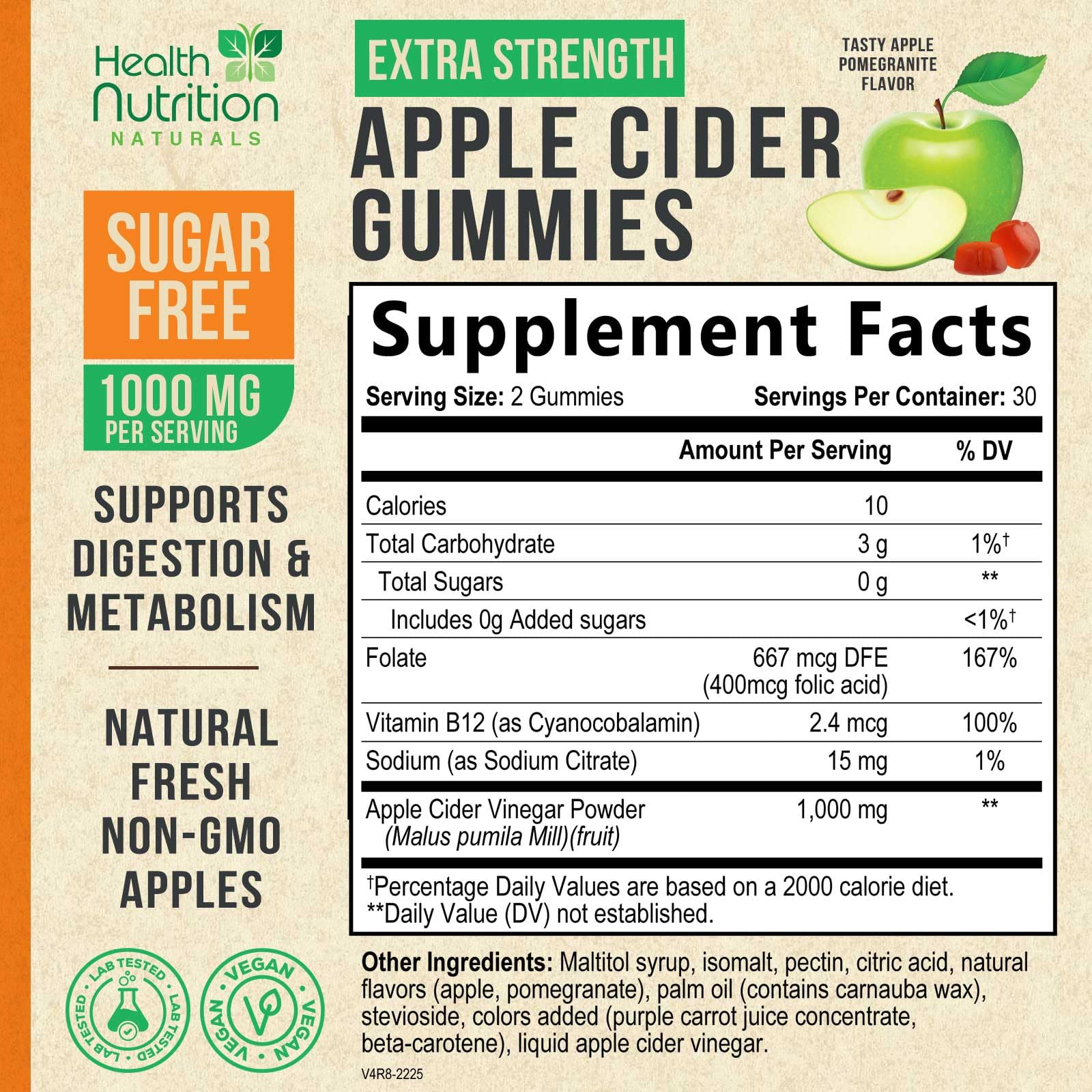 Health Nutrition Naturals ACV sin azúcar, opción vegana para bienestar diario
