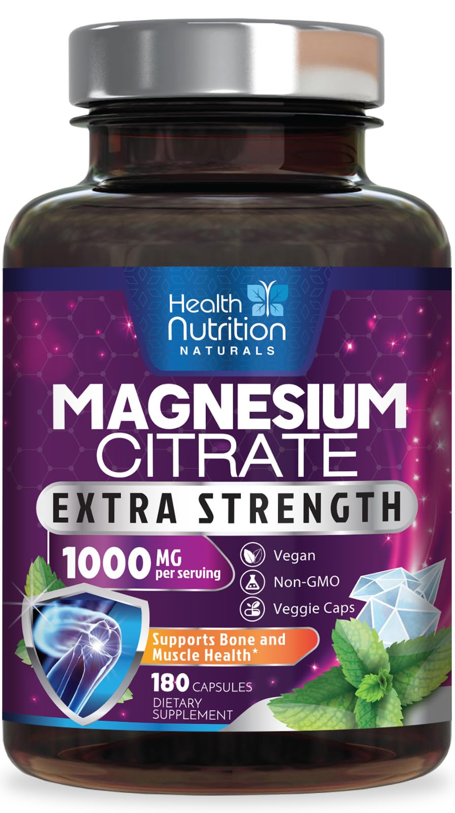 Health Nutrition Naturals magnesio citrato cápsulas 1000mg - botella para alta absorción