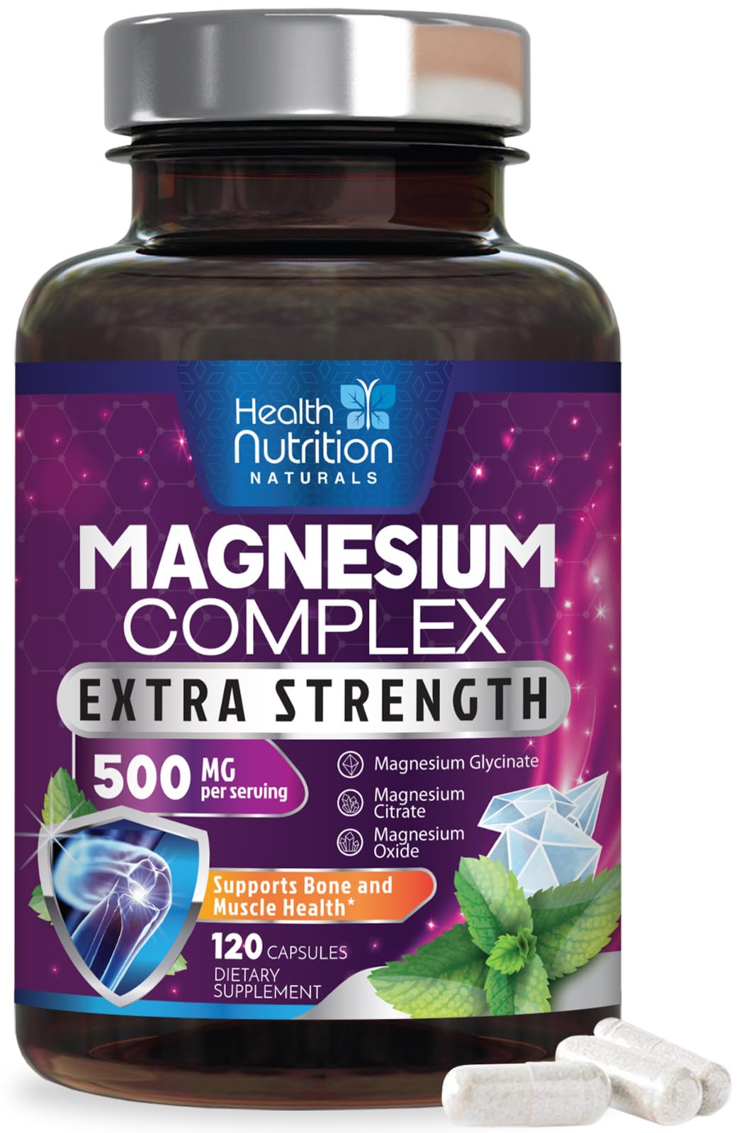 Health Nutrition Naturals Magnesio Complex cápsulas 500 mg en botella, posible apoyo muscular.
