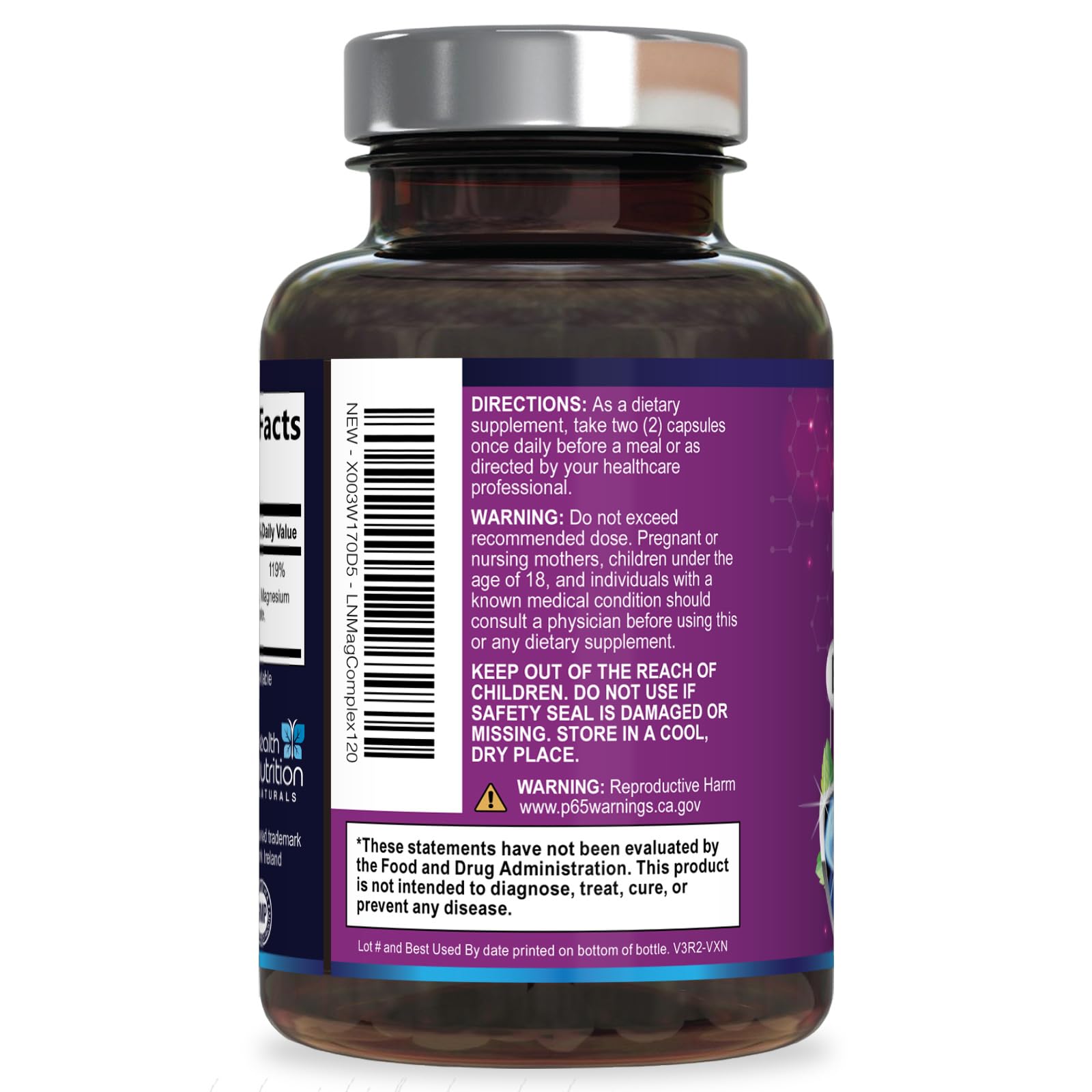 Health Nutrition Naturals Magnesio Complex etiqueta resalta biodisponibilidad.