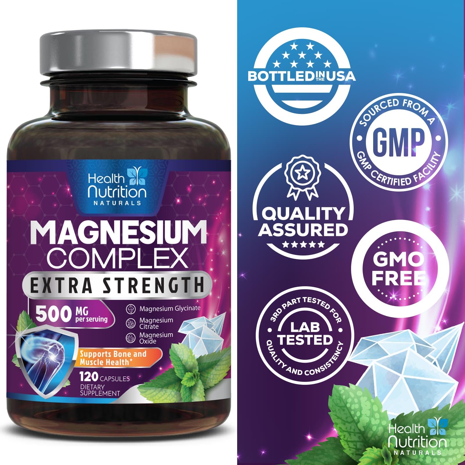 Health Nutrition Naturals Magnesio Complex cápsulas bisglicinato con absorcion suave.