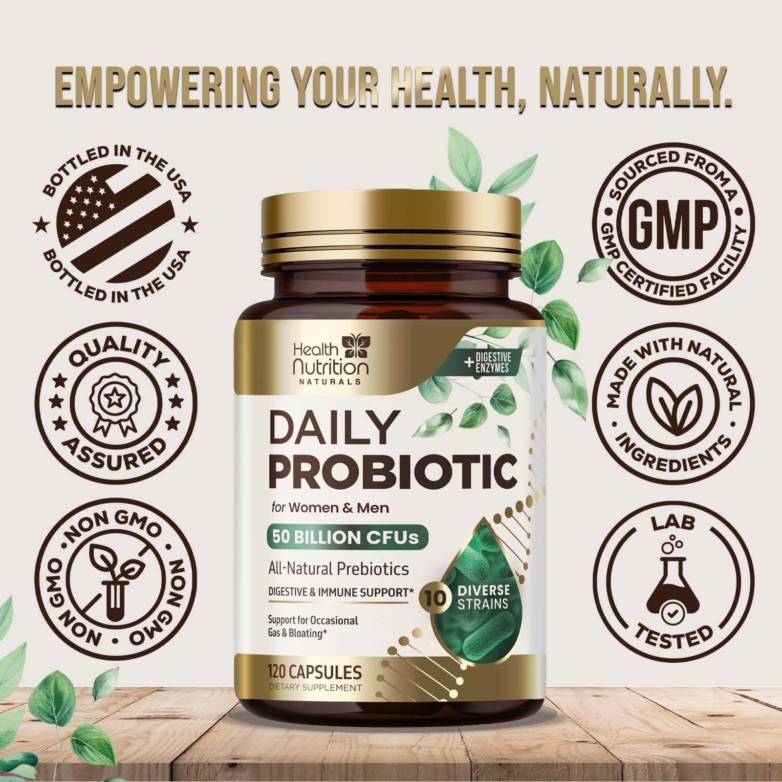 Health Nutrition Naturals Probiotics vidrio oscuro que sugiere envase seguro