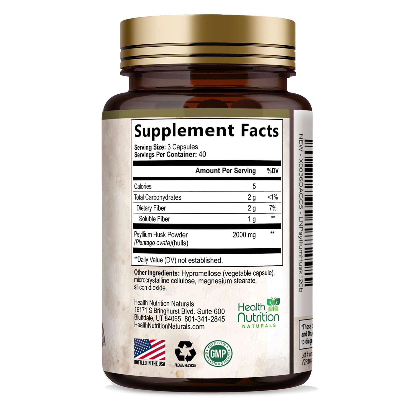 Health Nutrition Naturals Psyllium Husk Capsules empaque portátil para viaje.