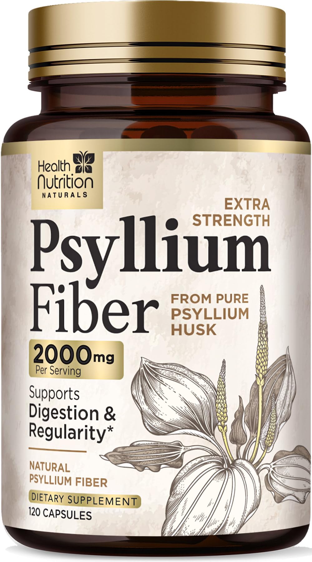 Health Nutrition Naturals Psyllium Husk Capsules frasco para uso diario de fibra.