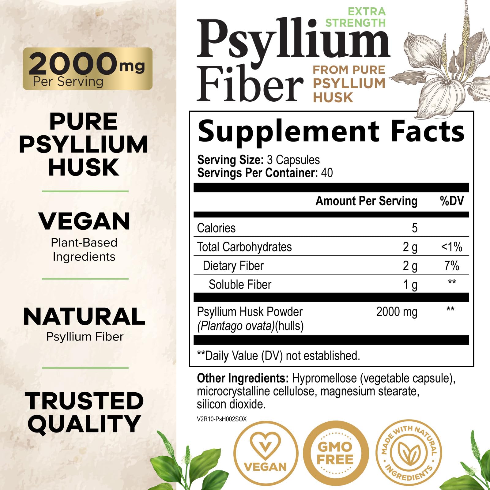 Health Nutrition Naturals Psyllium Husk Capsules porción 2000 mg para regularidad.