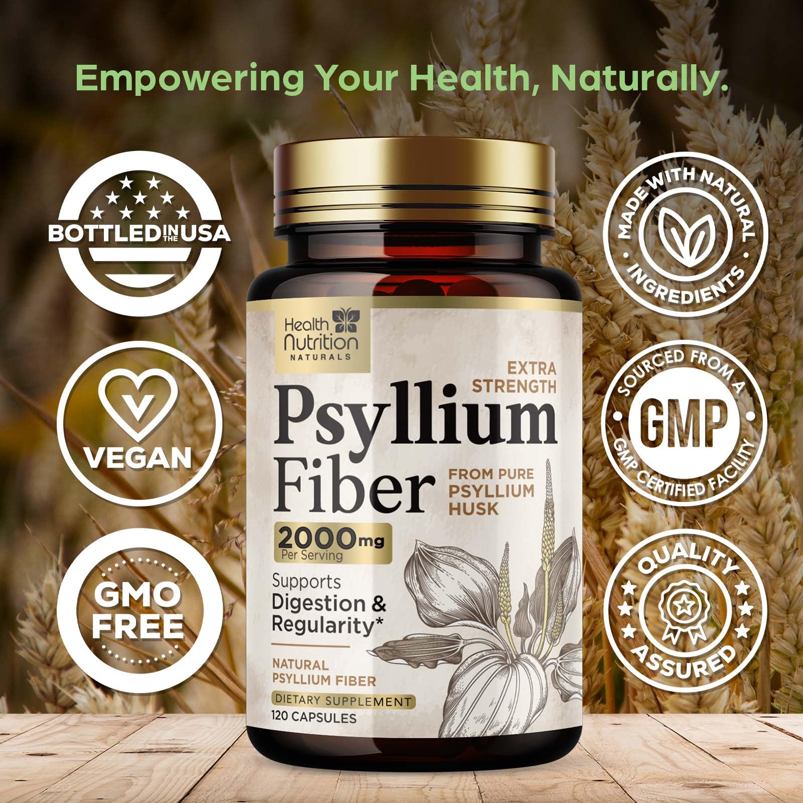 Health Nutrition Naturals Psyllium Husk Capsules veganas y sin transgénicos.