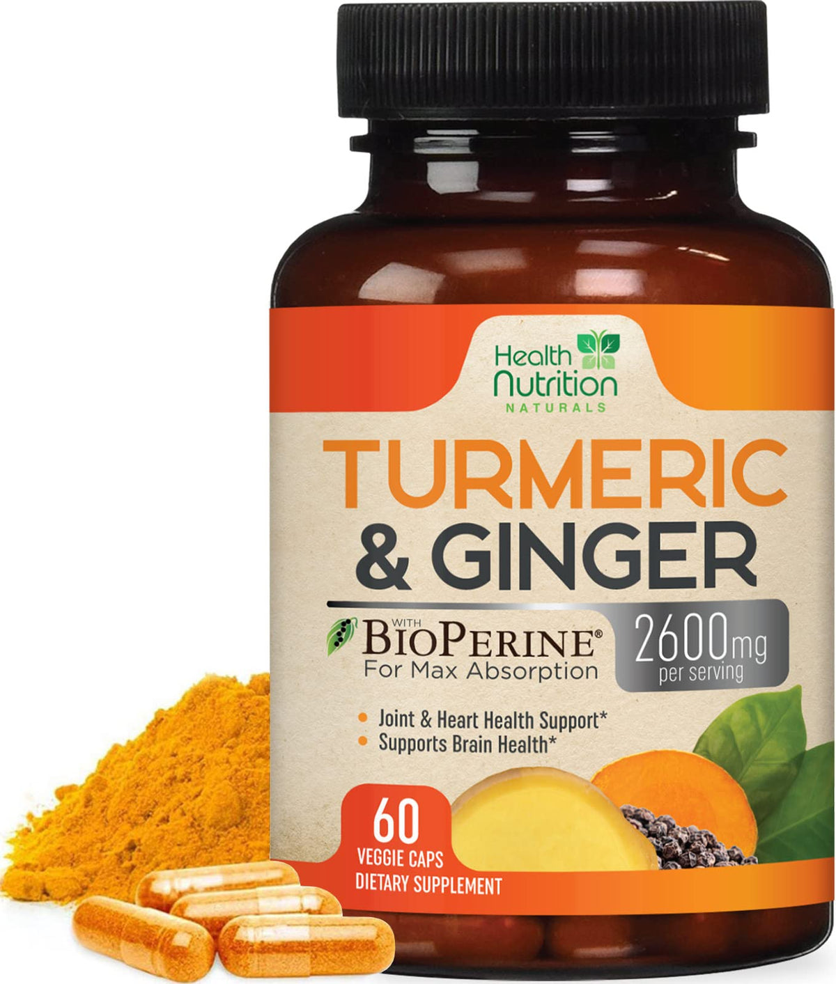 Health Nutrition Naturals Turmeric Curcumin, botella de 60 cápsulas, posible apoyo a la movilidad