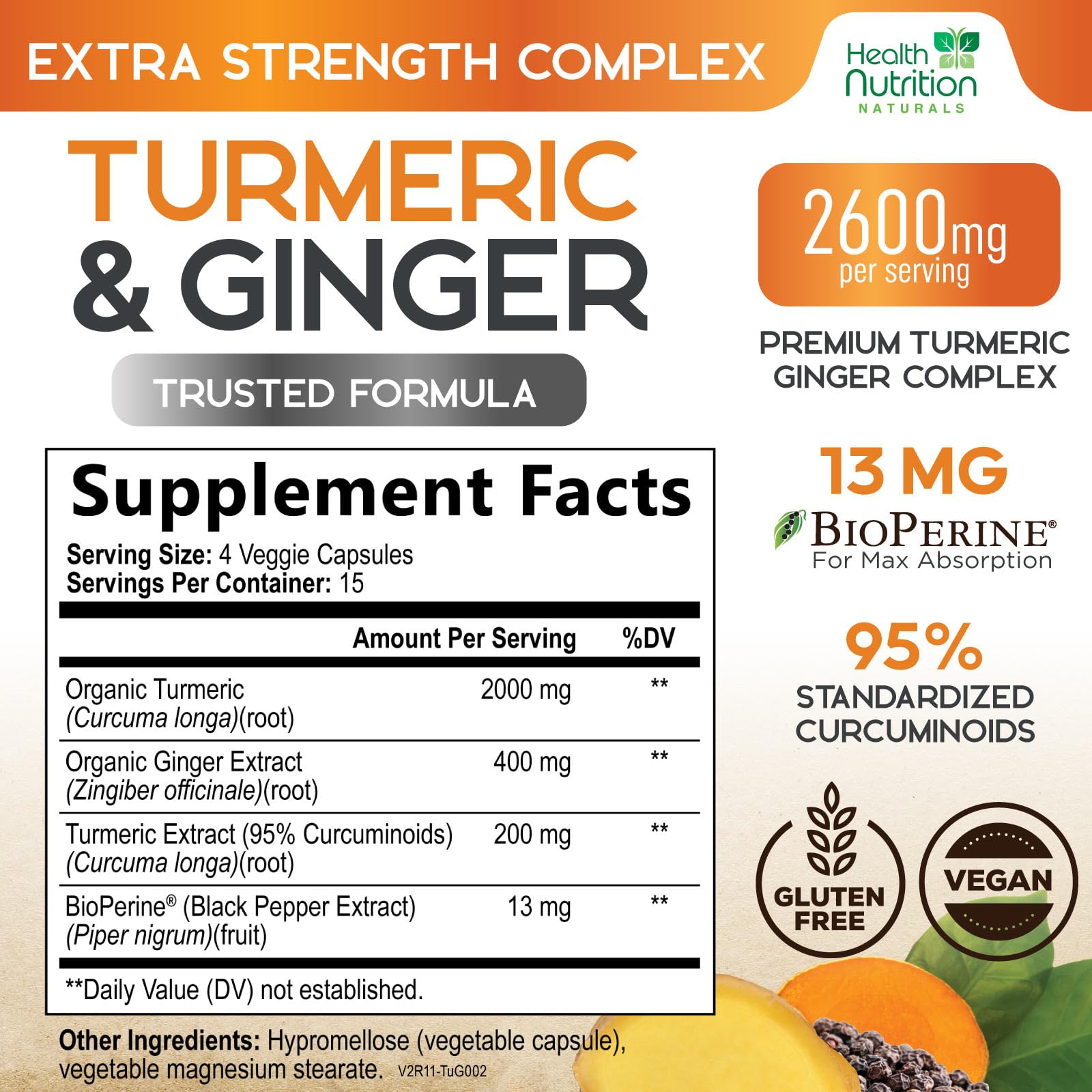 Health Nutrition Naturals Turmeric Curcumin, etiqueta frontal clara