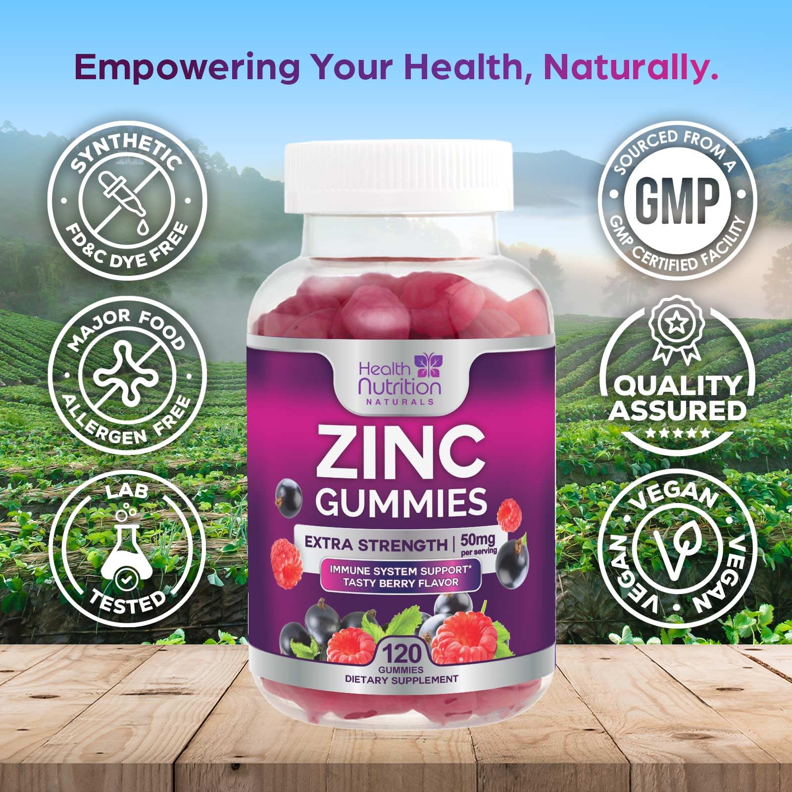Health Nutrition Naturals Zinc 50mg dosis diaria, gomitas para uso diario sencillo.