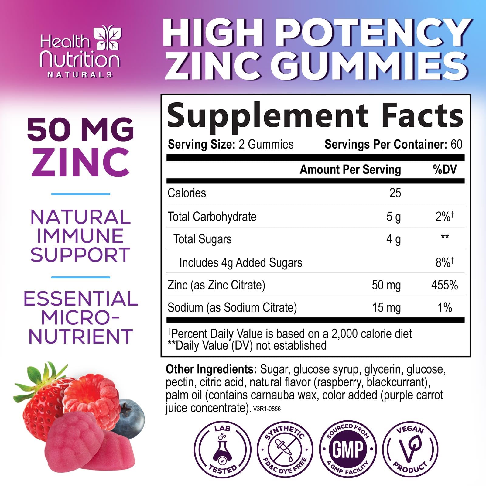 Health Nutrition Naturals Zinc 50mg envase de 120 gomitas, presentación práctica para la familia.