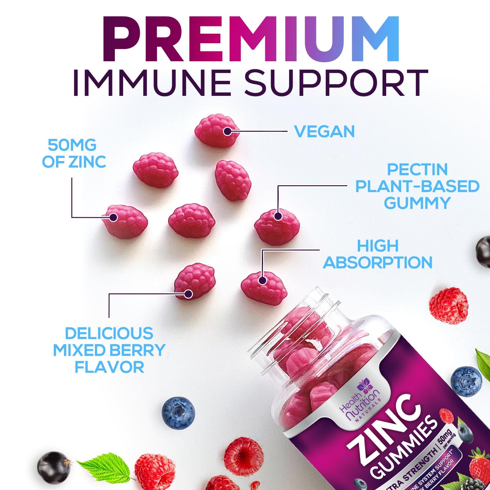 Health Nutrition Naturals Zinc 50mg gomitas antioxidantes para apoyo general diario.