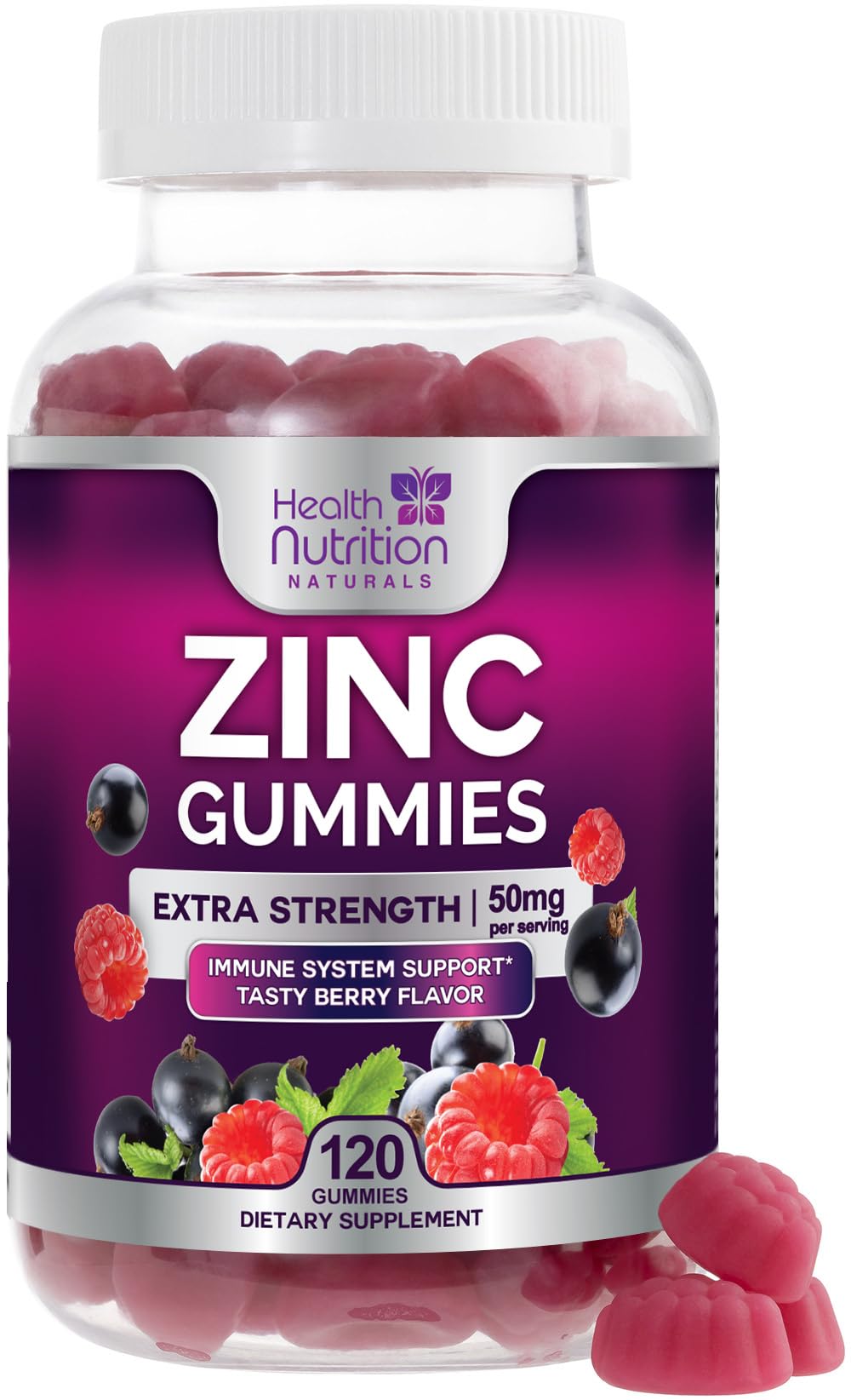 Health Nutrition Naturals Zinc 50mg gomitas berry, sabor delicioso para apoyo diario del sistema inmune.