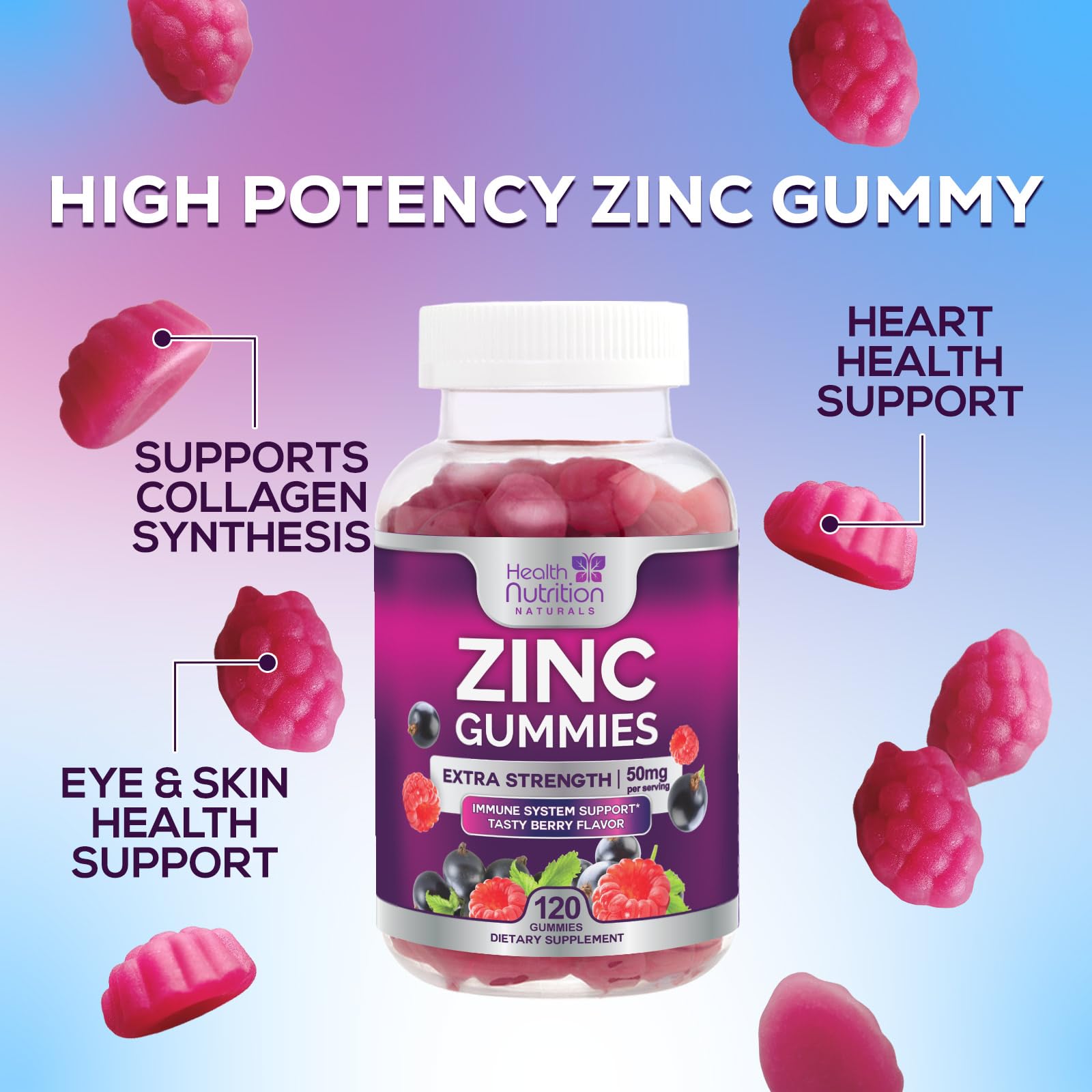 Health Nutrition Naturals Zinc 50mg para hombres y mujeres, formato fácil de consumir.
