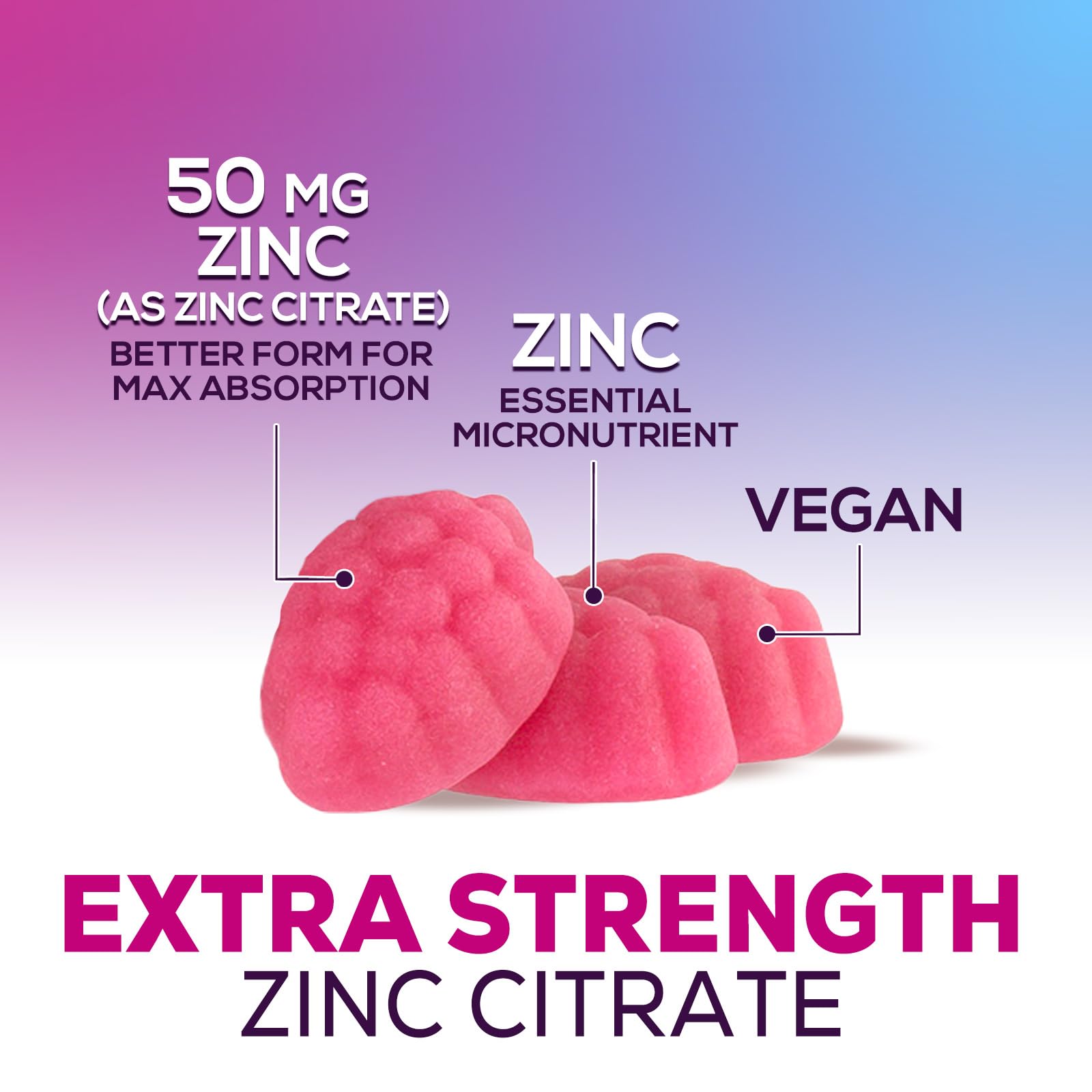 Health Nutrition Naturals Zinc 50mg gomitas con textura suave, fácil de masticar y agradable.