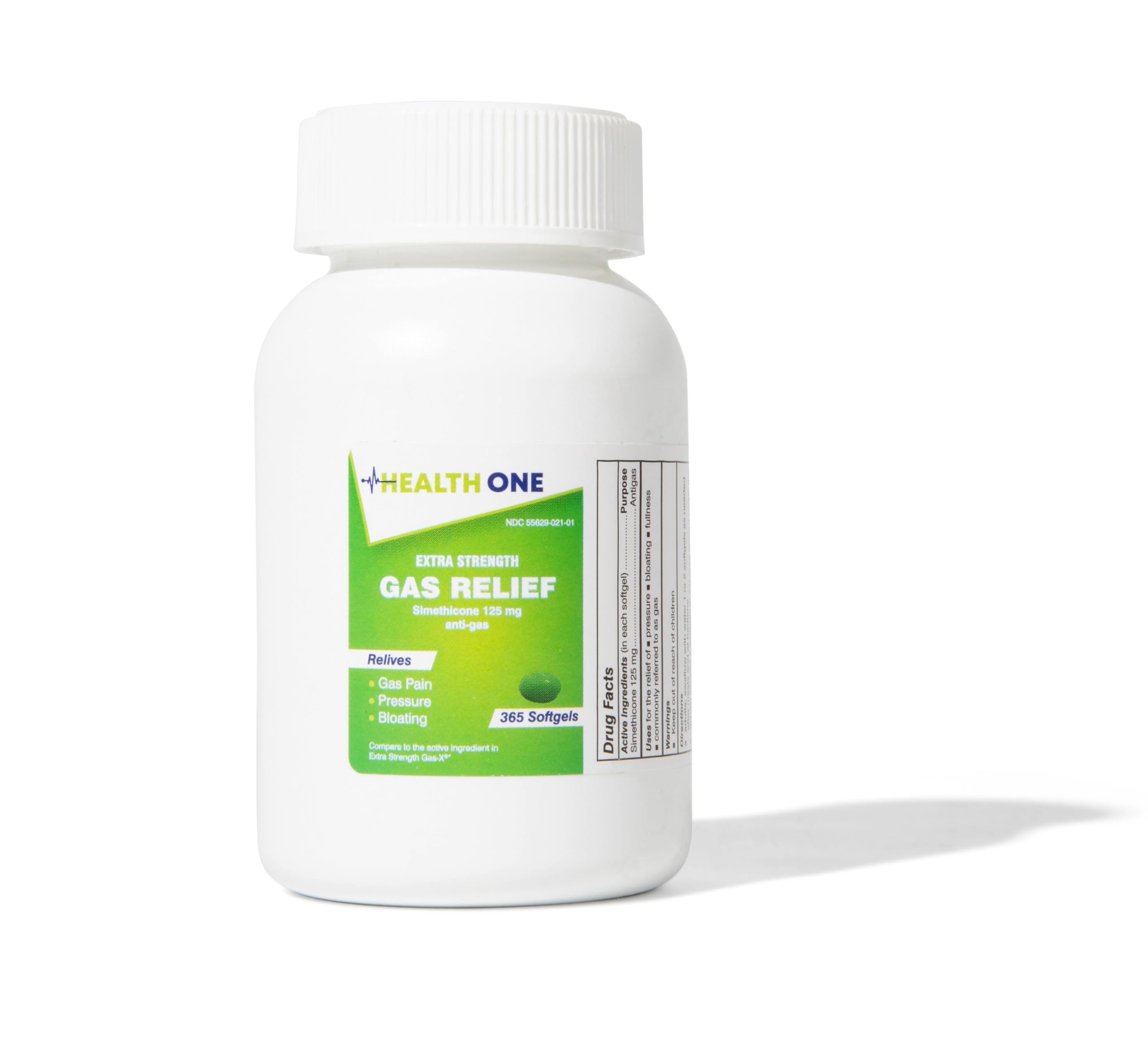 HEALTH ONE Alivio de gases con cápsulas blandas; botella visible y presentable