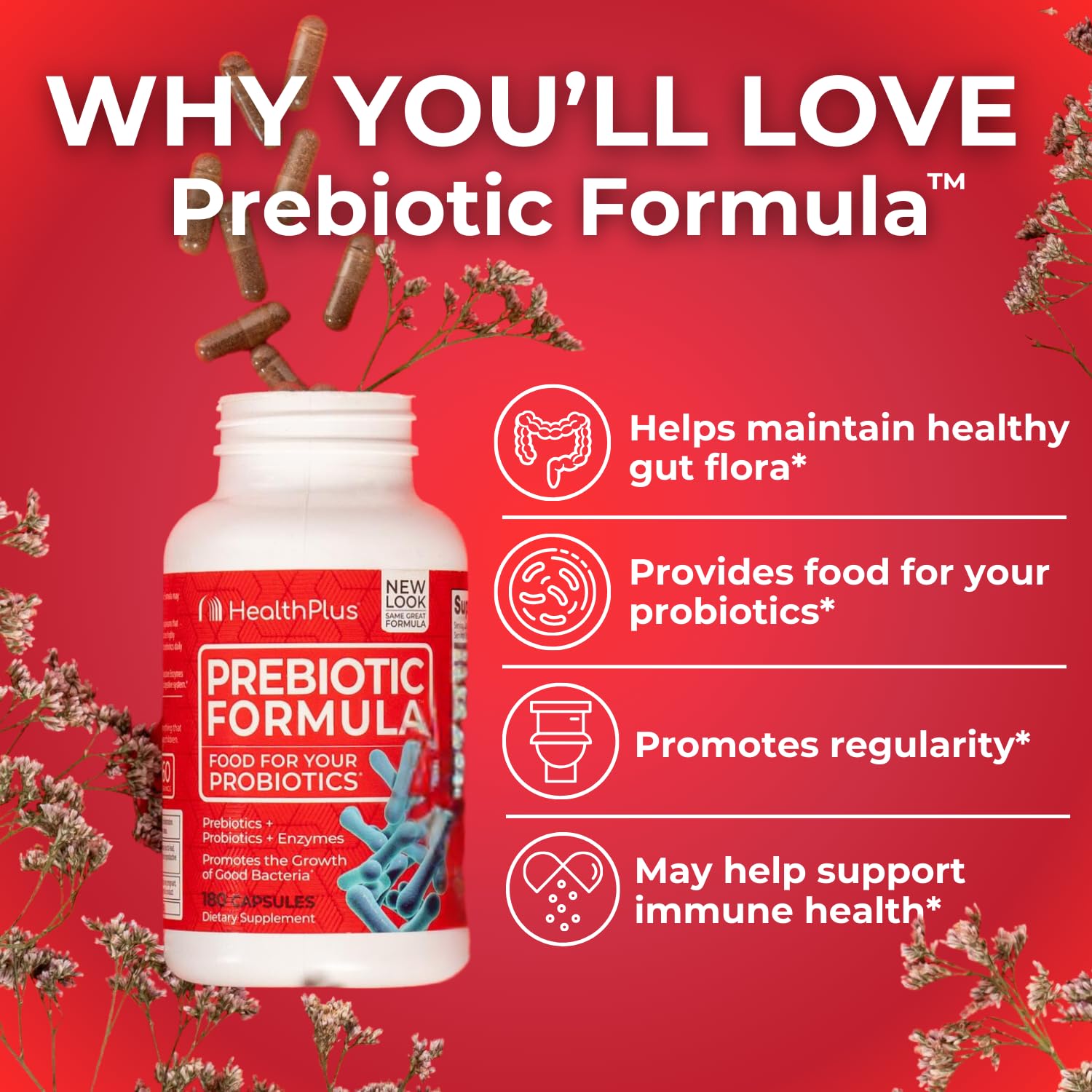 Health Plus Prebiotic Formula, cápsulas compactas para uso diario