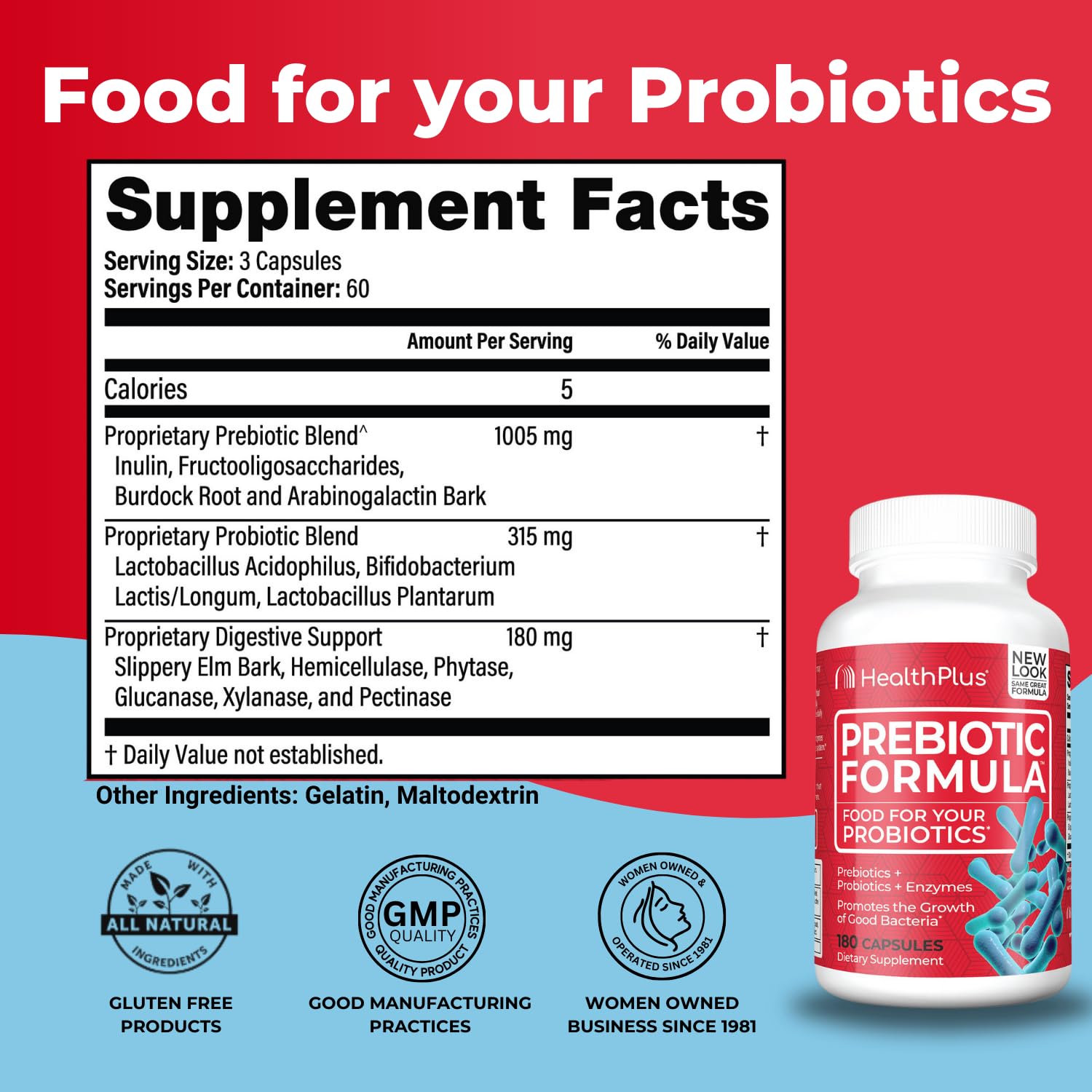 Health Plus Prebiotic Formula, etiqueta visible, información clara del producto
