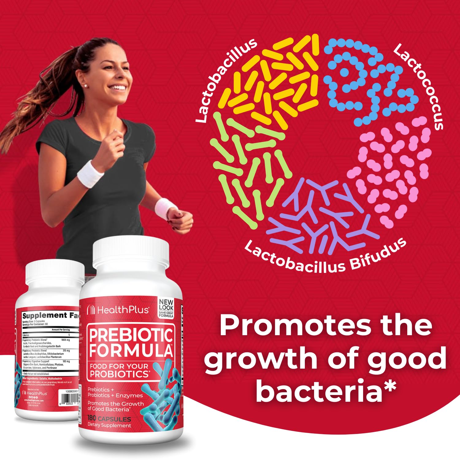 Health Plus Prebiotic Formula, sello sin gluten y sin lácteos destacado