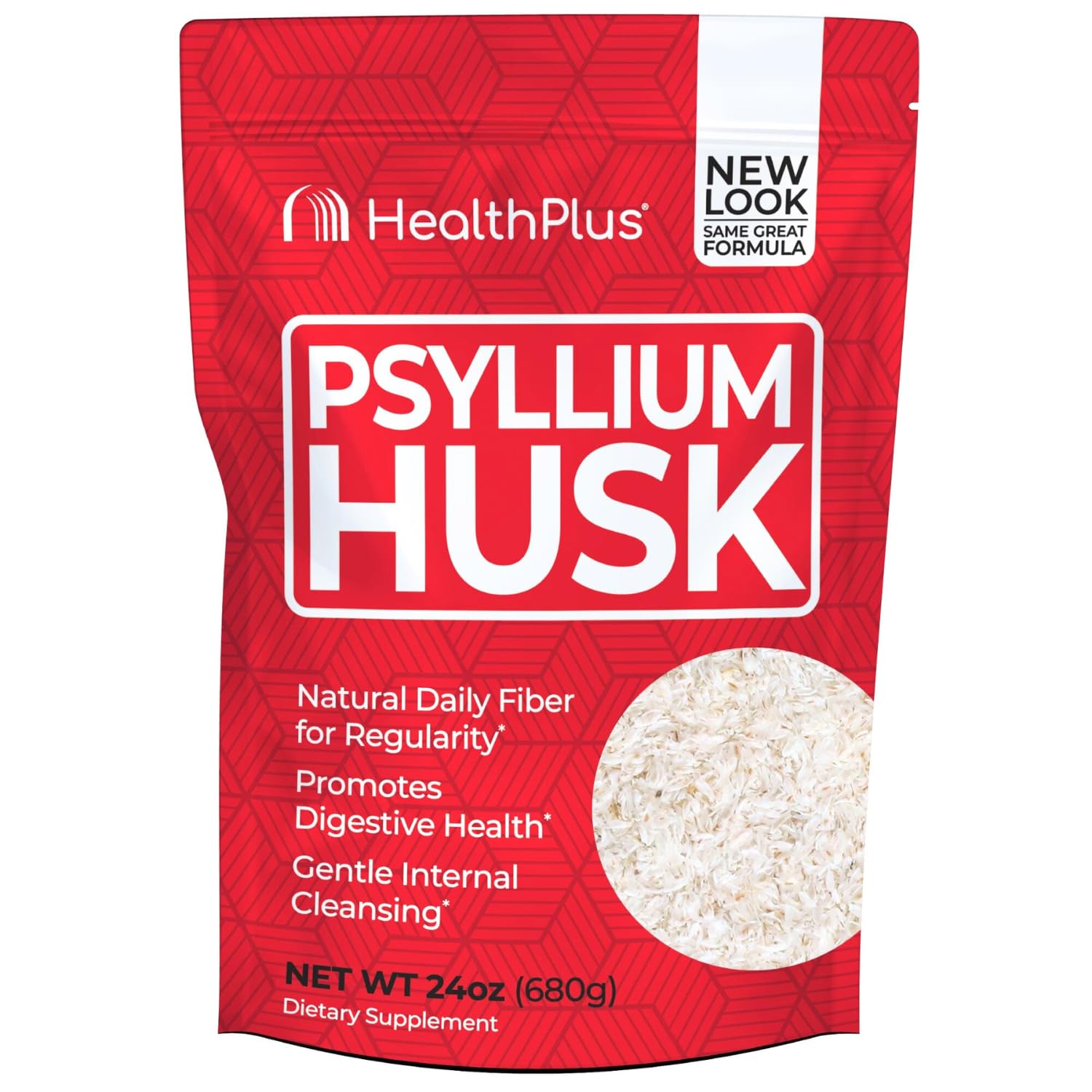 Health Plus Psyllium Husk, etiqueta frontal, fibra suave para apoyar la regularidad.