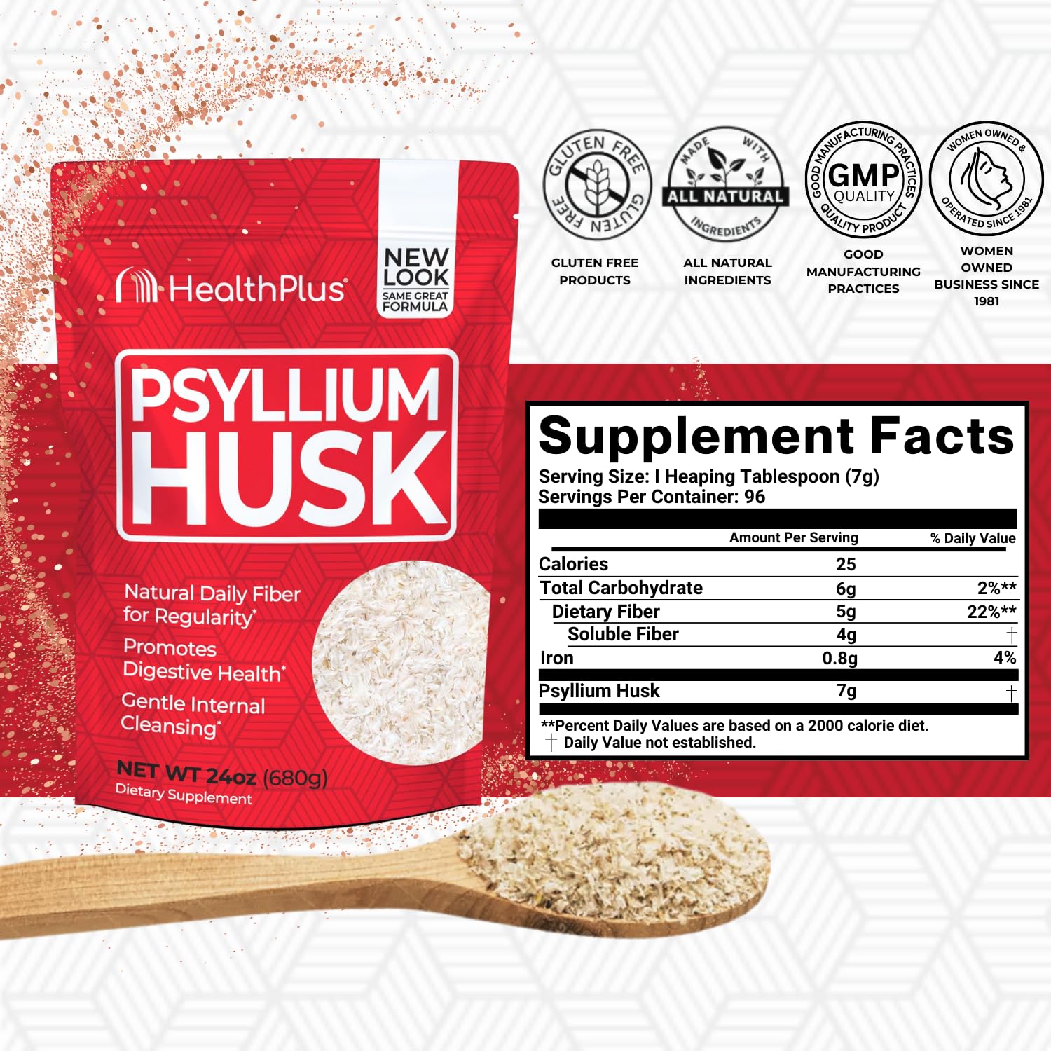 Health Plus Psyllium Husk, medidor visual, facilita la dosificación diaria de fibra.