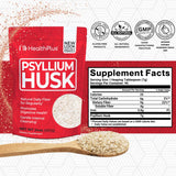 Health Plus Psyllium Husk, medidor visual, facilita la dosificación diaria de fibra.