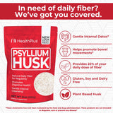 Health Plus Psyllium Husk, vertido en agua, se mezcla fácilmente para digestión suave.