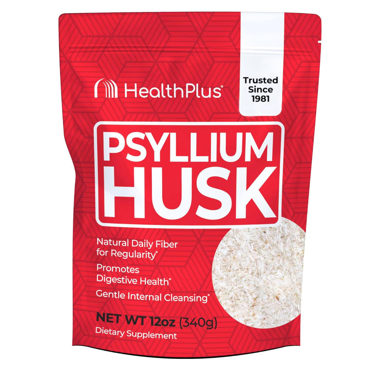 Health Plus Psyllium Husk botella muestra fibra diaria natural para apoyar la digestión.