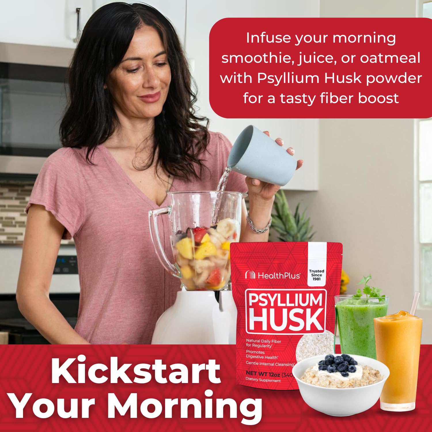 Health Plus Psyllium Husk, empaque de almacenamiento, diseño práctico para guardar.