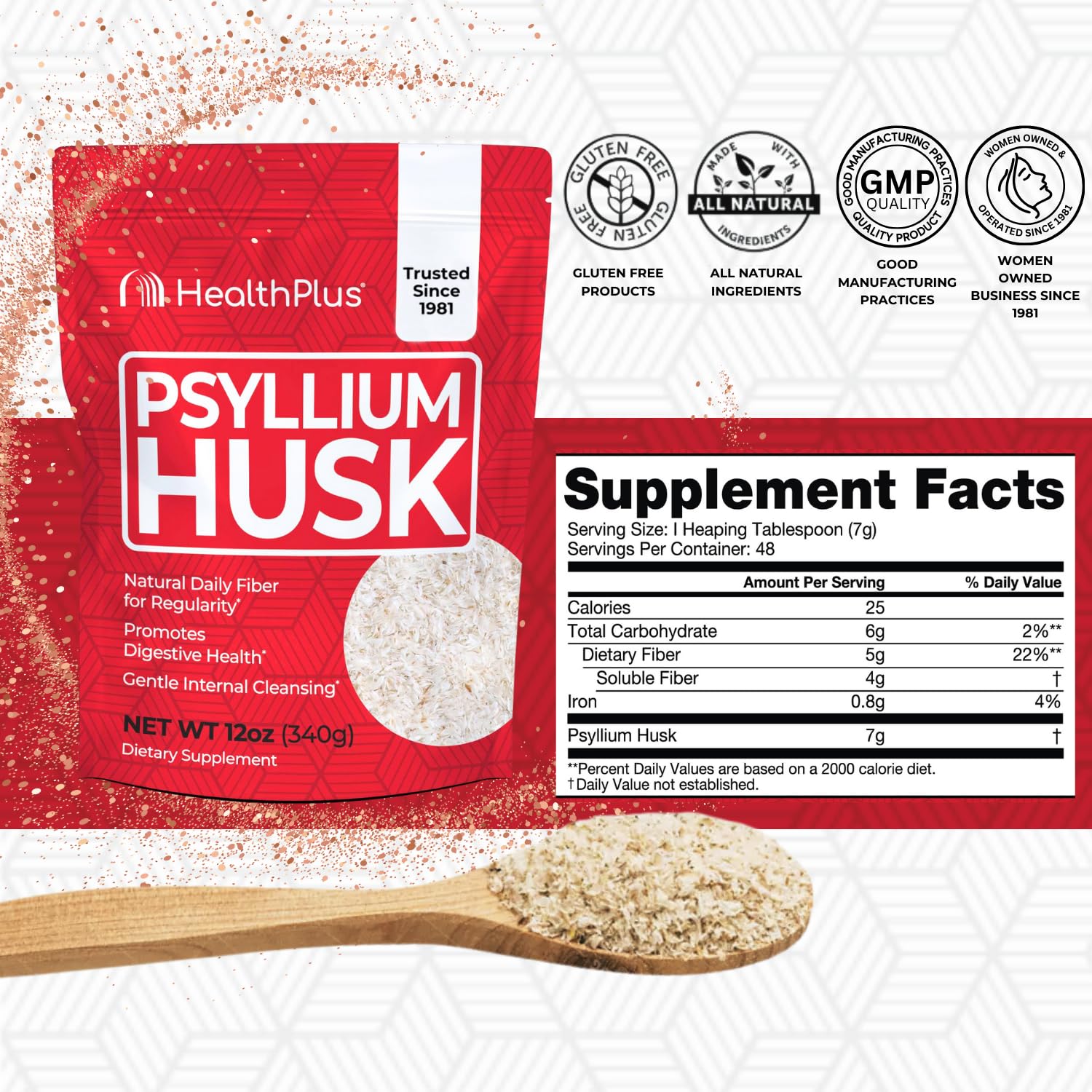 Health Plus Psyllium Husk envase facilita incorporar fibra en batidos saludables.