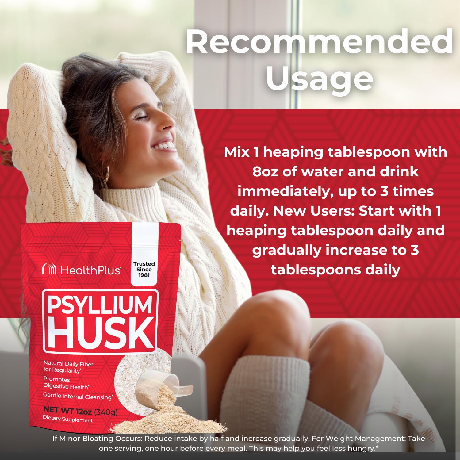 Health Plus Psyllium Husk etiqueta destaca origen y uso diario de fibra.