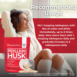 Health Plus Psyllium Husk etiqueta destaca origen y uso diario de fibra.