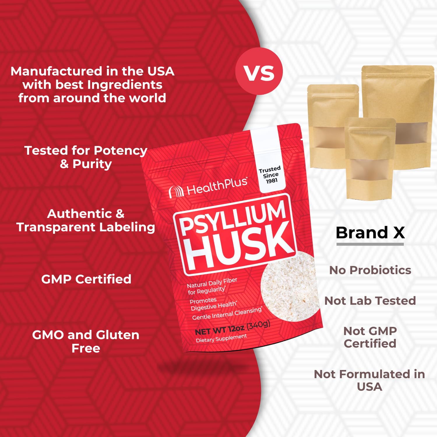 Health Plus Psyllium Husk tarro destaca uso diario de fibra suave.