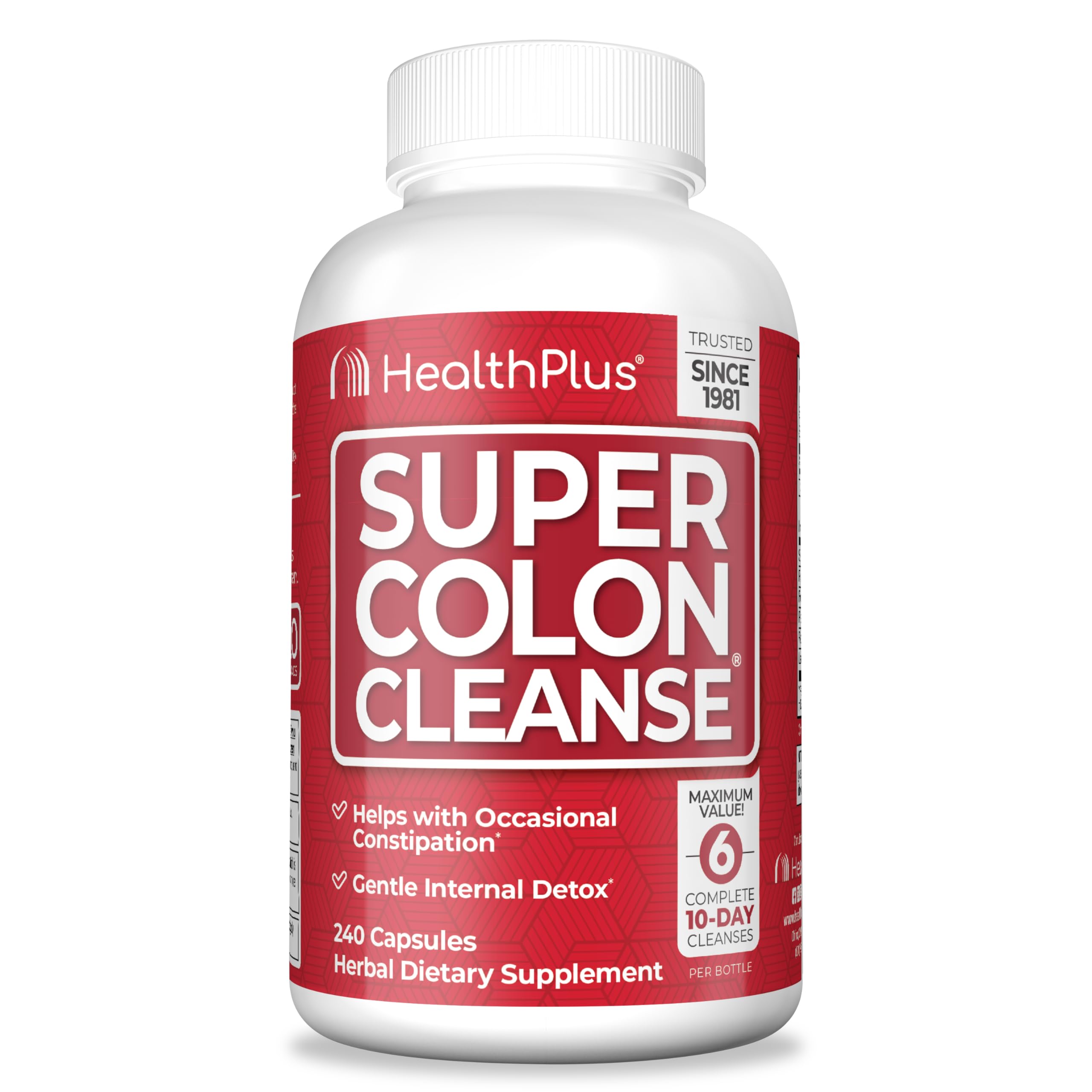 Health Plus Super Colon Cleanse botella: presentación práctica para uso diario y regularidad.