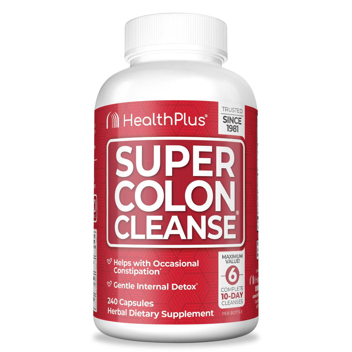 Health Plus Super Colon Cleanse botella: presentación práctica para uso diario y regularidad.