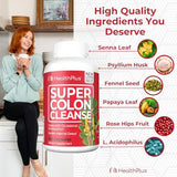 Health Plus Super Colon Cleanse caja-info: resumen de beneficios y modo de uso recomendado.